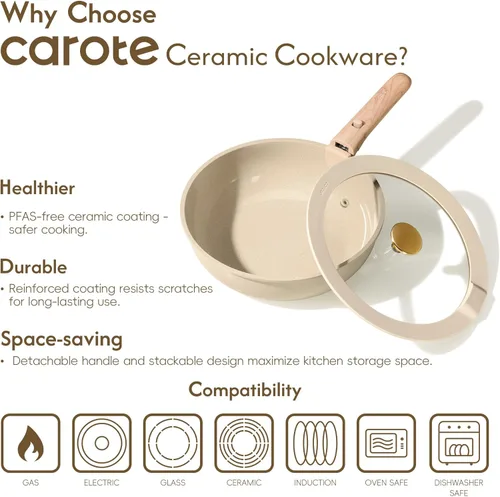 Miniatura 8 de CAROTE Juego de 25 piezas de utensilios de cocina de cerámica, juego de ollas y sartenes antiadherentes, juego de cocina para RV con asas
