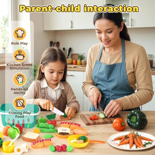 Miniatura 2 de LovesTown Juego de Comida de Juguete de 59 Piezas para Niños Pequeños, Ollas y Sartenes de Juguete Amarillas para Niños con Cesta, Juguetes