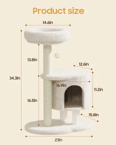 Miniatura 7 de Árbol para gatos, torre para gatos de 34.3 pulgadas con poste rascador, condominio, bola colgante interactiva, percha de felpa para gatos grandes