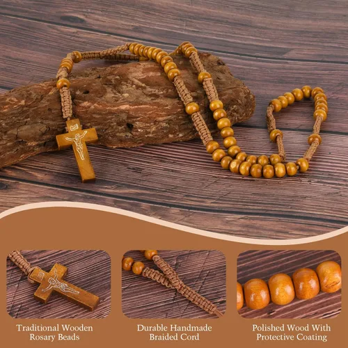 Miniatura 3 de SHAOQINLIN Rosario hecho a mano, 12 cuentas de madera, rosario hecho a mano, 4 colores, cuentas de rosario de madera, impresión de Cristo Jesús