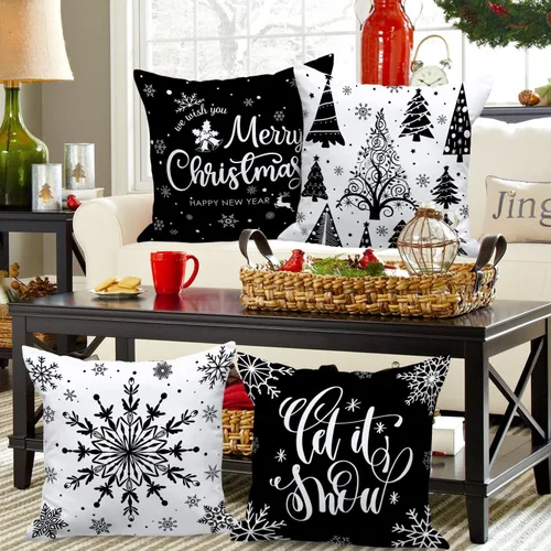 Miniatura 2 de Lanpn Fundas de Almohada Decorativas de Navidad 16x16 4 piezas, Negro Blanco Feliz Navidad Navidad Invierno Copo de Nieve Decorativas Vacaciones