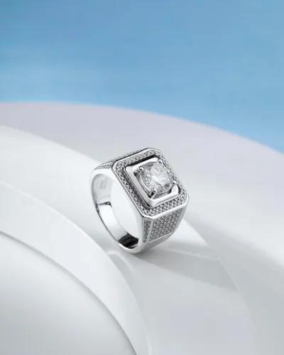 Miniatura 5 de Anillo de moissanita para hombre, de 2 a 5 quilates, solitario de moissanita, plata de ley con chapado en oro blanco de 18 quilates, color D