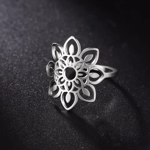 Miniatura 5 de TEAMER Anillo de loto de acero inoxidable hueco anillo de loto geométrico, joyería simple para mujer