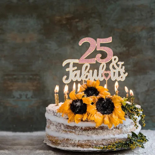 Miniatura 5 de 25 y fabulosa decoración de pastel de diamantes de imitación dorados y rosados – Feliz cumpleaños 25 años saluda a 25 años de edad, decoración
