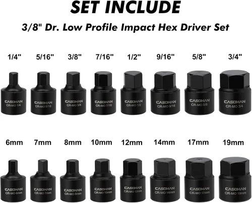 Miniatura 3 de CASOMAN Juego de destornilladores hexagonales de impacto de perfil bajo, 16 piezas, 3/8 pulgadas, Cr-Mo, 1/4"-3/4", 0.236 in-0.748 in, Impact SAE