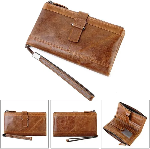 Miniatura 4 de SUMGOGO Cartera de cuero plegable grande y larga para hombre, cartera de mano con bloqueo RFID, tarjetero para hombres y mujeres, Marrón, Clásico