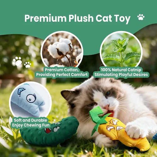 Miniatura 3 de Juego de 3 juguetes de hierba gatera – Pescado, chile y pepino, juguetes de peluche para gatos de interior, juguetes interactivos naturales rellenos