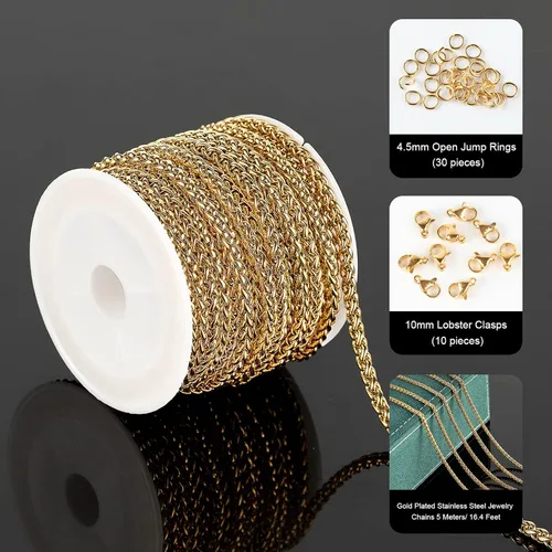 Miniatura 2 de Cadenas chapadas en oro a granel, cadena de trigo de acero inoxidable 304 con anillos de salto y cierres de langosta, collar para hombres y mujeres