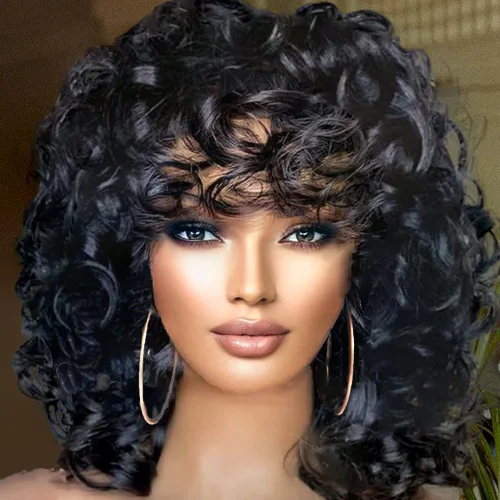 Miniatura 14 de Curly Wigs for Black Women Short Curly Wig with Bangs Soft Bouncy Fluffy Small Curls Heat Resistant Synthetic Wig for Daily Party Use Ombre Brown 14