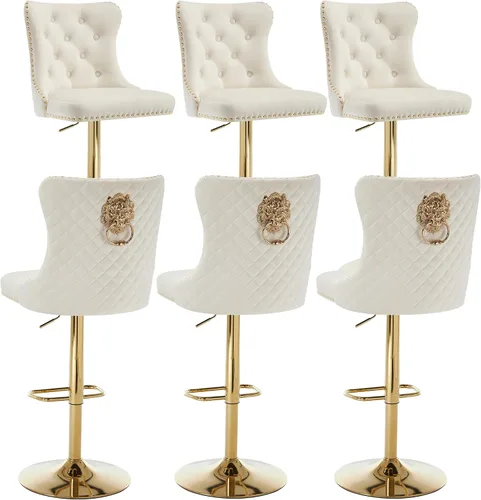 Miniatura 34 de Taburetes de bar negros juego de 2 sillas de cocina giratorias de terciopelo con respaldo alto acolchado, taburetes dorados modernos tapizados