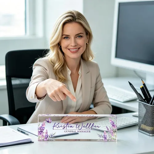Miniatura 7 de Placa de nombre de escritorio personalizada, placas de nombre de oficina acrílicas personalizadas para escritorios, decoración de escritorio morada