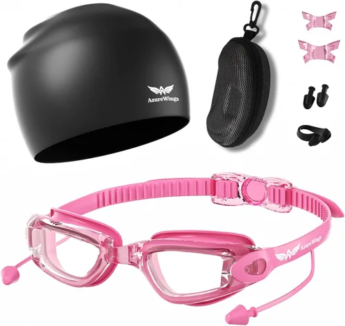 Miniatura 14 de Gafas de natación 7 en 1 + gorro de natación para hombres y mujeres, sin fugas, antivaho y UV, lente de PC con espejo HD de visión amplia