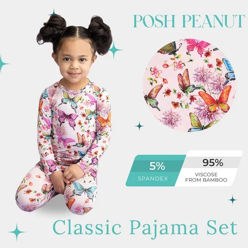 Miniatura 62 de Posh Peanut Pijamas para niñas, suaves, de viscosa de bambú para niños, pijamas a juego de manga larga para niñas