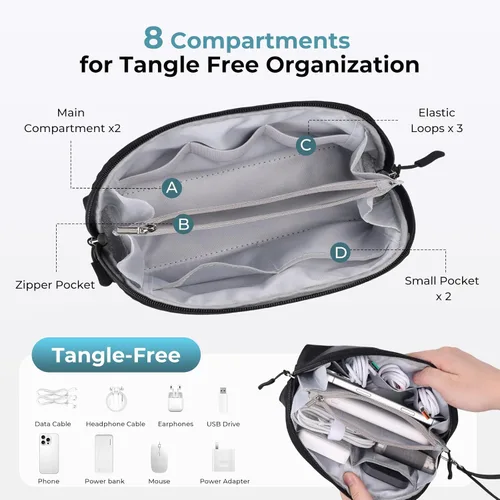 Miniatura 4 de FYY Organizador de cables de viaje, 8 compartimentos, bolsa tecnológica ligera resistente al agua con correa para la muñeca, funda de accesorios