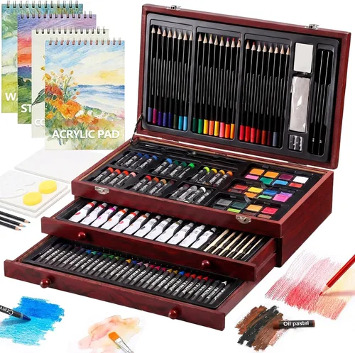Miniatura 8 de Juego de arte de lujo de 194 piezas, suministros de pintura y dibujo con 4 blocs de dibujo, pinturas acrílicas, crayones, juego de lápices de Rosa