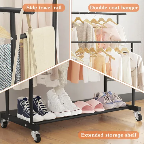 Miniatura 7 de Calmootey Perchero de ropa de doble varilla, organizador portátil para colgar ropa, organizador de ropa rodante para dormitorio, sala de estar, Negro