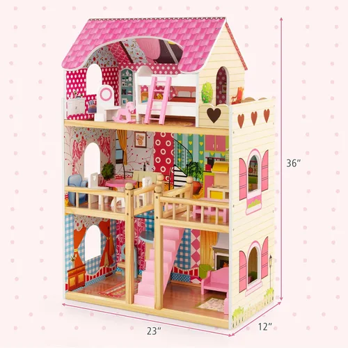 Miniatura 8 de HONEY JOY Casa de Muñecas Rosa, Casa de Muñecas de Madera para Niños con Balcón y Escaleras, 15 Piezas de Accesorios y Muebles Incluidos, Juguete