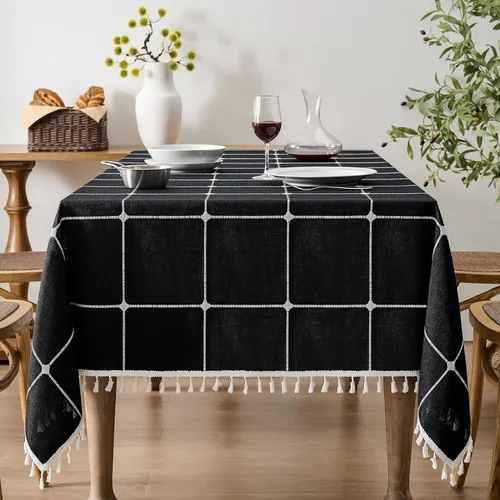 Miniatura 41 de ZeeMart - Mantel de mesa con diseño de cuadrícula boho y borlas (blanco roto, 132 cm x 132 cm), mantel de gran peso de lino a cuadros bordado