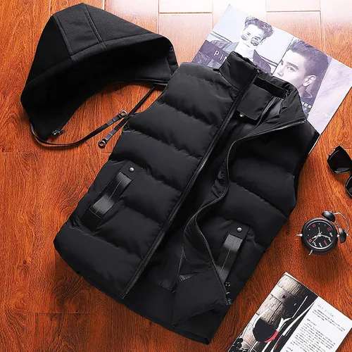 Miniatura 23 de WENKOMG1 Chaleco con capucha con doble cremallera para hombre, abrigo de color sólido, abrigo cálido y grueso, sin mangas, chaqueta suelta