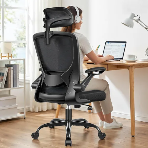 BESTFAIR Silla de oficina ergonómica, sillas de oficina de malla transpirable con soporte lumbar ajustable, brazos abatibles, silla de escritorio