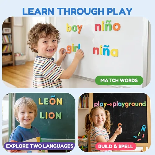 Miniatura 4 de JoyCat Kit de letras magnéticas en inglés y español para aula, 234 piezas con tablero magnético de doble cara, letras del alfabeto de espuma
