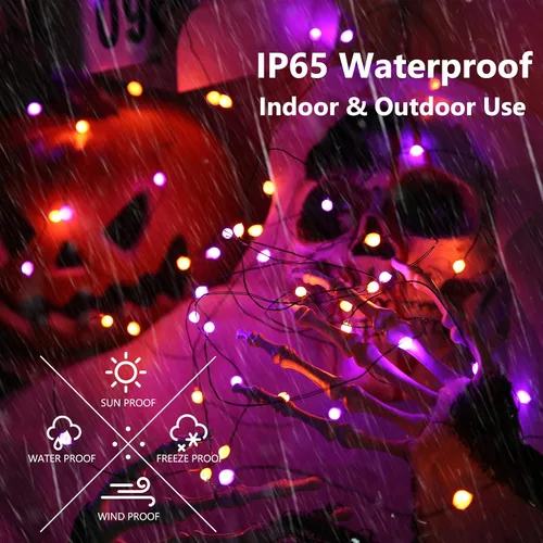 Miniatura 3 de iBaycon Paquete de 2 50 luces LED de Halloween a batería, 16.4 pies, funciona con pilas, luces de Halloween naranja y morado, impermeables, con 8
