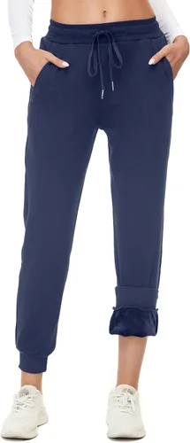 Miniatura 26 de MOUEEY Pantalones deportivos súper cálidos con forro de sherpa para mujer, pantalones deportivos de forro polar con bolsillos con cremallera