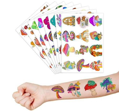 Miniatura 6 de 96 tatuajes temporales para niños, bonitos diseños de hongos, vegetales y plantas de bosque trippy, calcomanías falsas impermeables para niños