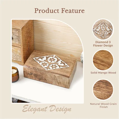 Miniatura 5 de Ajuny Joyero de madera con tallas florales y de diamantes, hecho a mano, decorativo, marrón y blanco, caja de almacenamiento multiusos, organizador