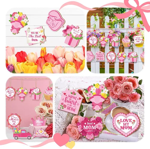 Miniatura 7 de FairySandy 36 piezas de adornos para el día de la madre para árbol de madera, rosa, mamá, mujeres, decoración de árbol, flores rústicas, magdalenas