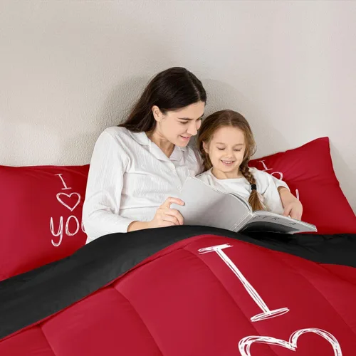 Miniatura 6 de Juego de edredón de San Valentín para parejas, juegos de ropa de cama rojo y blanco para niños, niñas, adolescentes, con texto en inglés "I Love