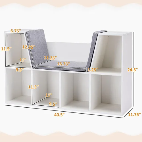 Miniatura 3 de HOMCOM Estantería infantil de 6 compartimentos con rincón de lectura y cojín, organizador de almacenamiento multiusos para dormitorio, sala de Gris