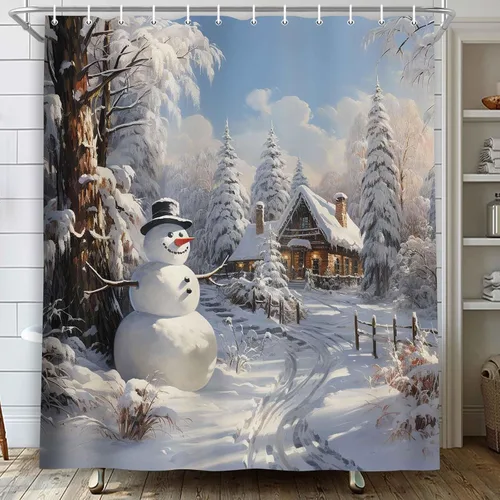 Miniatura 3 de MERCHR - Cortina de ducha con diseño de muñeco de nieve navideño, cortinas rústicas de invierno con árboles de nieve para baño de granja, juego