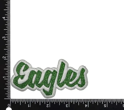 Miniatura 43 de (2 x 4 pulgadas) Eagles, espíritu de equipo, bordado, parche para planchar (sarga blanca/contorno verde)