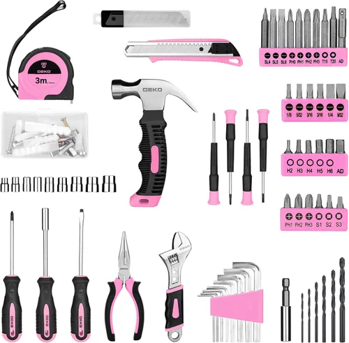 Miniatura 3 de DEKOPRO Juego de taladros, juego de herramientas para el hogar con taladro inalámbrico rosa de 8 V, kit de herramientas manuales para mujeres, 126