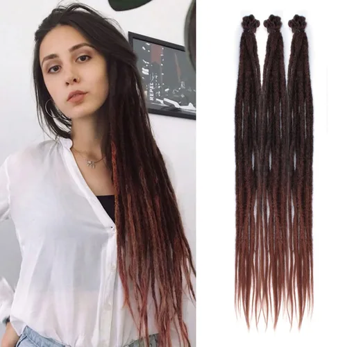Miniatura 53 de Extensiones de rastas trenzadas bohemias de 24 pulgadas, 10 hebras de rastas sintéticas rizadas color marrón degradado con trenza de caja, rastas