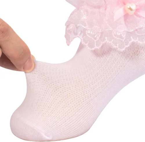 Miniatura 12 de Looching 5 pares de calcetines de encaje con volantes y lazo con volantes de malla con ojales de princesa, calcetines de vestir al tobillo