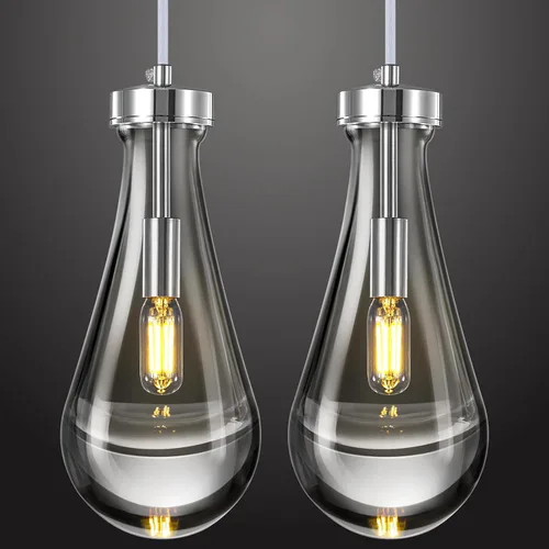 Juego de 2 lámparas colgantes con forma de gota de lluvia, para isla de cocina, lámparas colgantes cromadas de cristal sólido transparente, Cromo