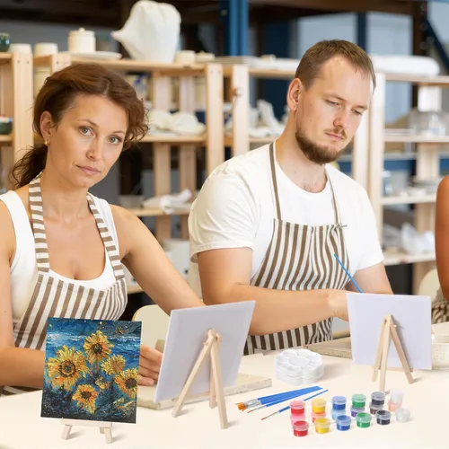 Miniatura 4 de Qilery Juego de 12 piezas de pintura en lienzo, mini lienzo con caballetes de madera, tiras de pinturas acrílicas, pinceles, paleta, juego de arte