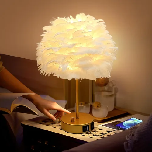 Miniatura 10 de ZYLEIESENBAO - Lámpara de pluma blanca con textura de piel de mesa H16'' Moderna lámpara de escritorio de princesa con trípode, luz esponjosa
