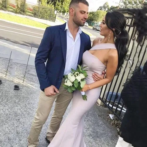 Miniatura 2 de Vestido de dama de honor de sirena con un hombro descubierto, vestido de satén para graduación, vestido de novia formal para mujer