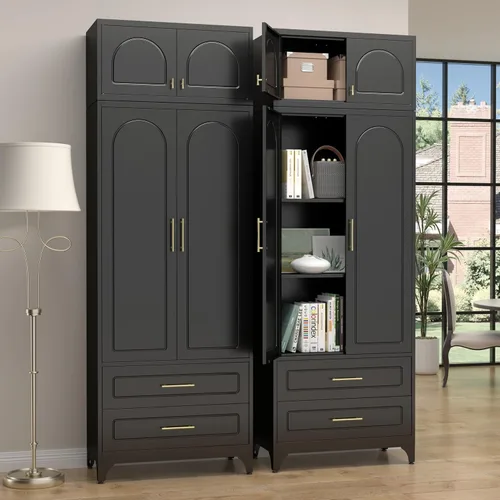 Miniatura 29 de SteeLoong - Gabinete de almacenamiento de metal con cajones, gabinetes de despensa negros de 75 pulgadas para almacenamiento de cocina con 3