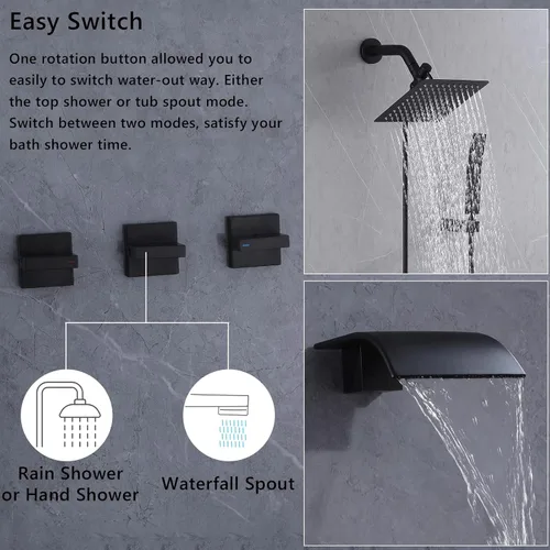 Miniatura 5 de Grifo de ducha de bañera de 3 manijas, juego de grifo de ducha de bañera con caño de bañera, sistema de ducha dual 2 en 1, kit completo de acabados