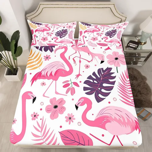 Miniatura 2 de Feelyou Juego de sábanas de flamenco rosa para niñas, tamaño individual, lindas sábanas de flamenco con bolsillo profundo, sábana bajera