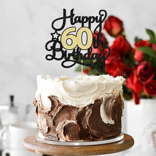 Miniatura 4 de 1 Pieza Feliz Cumpleaños 60 Decoración Superior para Pastel Negro Dorado con Purpurina Brindis por 60 Años Palillo para Pastel de Cumpleaños 60