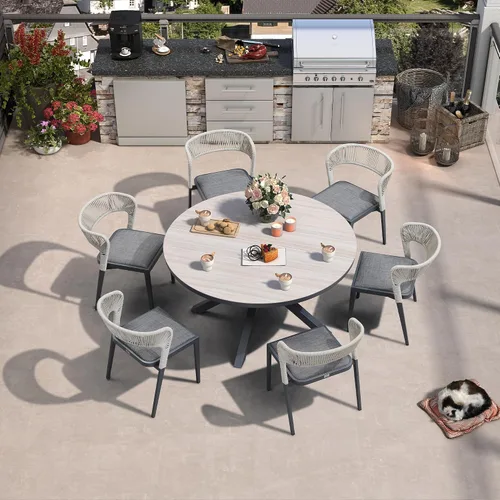 Miniatura 21 de PURPLE LEAF Juego de comedor redondo de 5 piezas de gran tamaño, marco de aluminio y mimbre de ratán para patio, mesa y sillas con cojines
