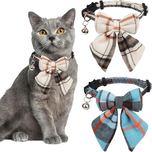 Miniatura 11 de ADOGGYGO Collares para gatos de Halloween con campana extraíble con corbatín extraíble, paquete de 2 unidades, collar de lazo de Halloween a cuadros