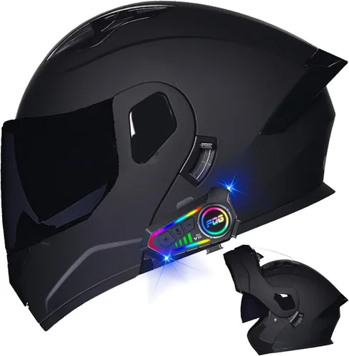 Miniatura 35 de Casco modular Bluetooth para motocicleta, aprobado por DOT, de cara completa, abatible, antivaho, doble visera, casco de motocicleta de calle, LENTE