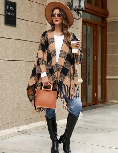 Miniatura 5 de VIMPUNEC - Pashmina estilo bohemio con patrón a cuadros para mujer, con borla.