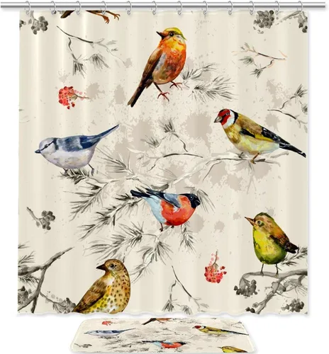 KXO Juego de cortina de ducha y alfombra de baño de poliéster vintage retro floral floral con ganchos, 70.8 x 70.8 pulgadas